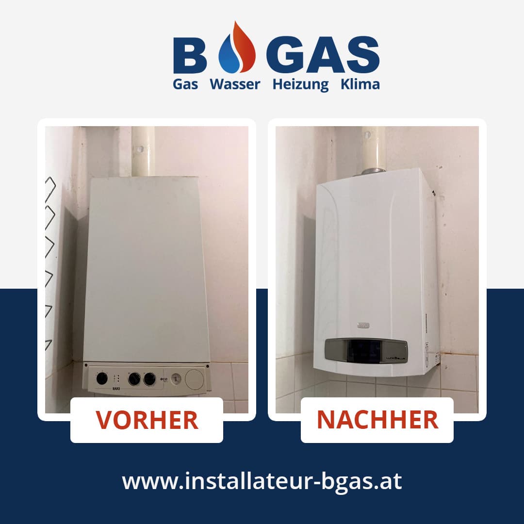Thermentausch von Baxi eco zu Baxi Luna 3 Blue, durchgeführt von Installateur B-GAS. Voher/Nachher-Bild eines Thermentausches von Baxi eco zu Baxi Luna 3 Blue, durchgeführt von Installateur B-GAS.