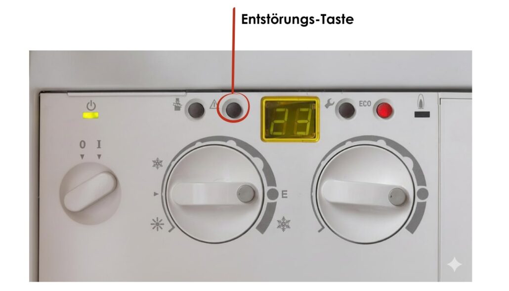 Entstörungstaste einer Junkers Therme als Referenz