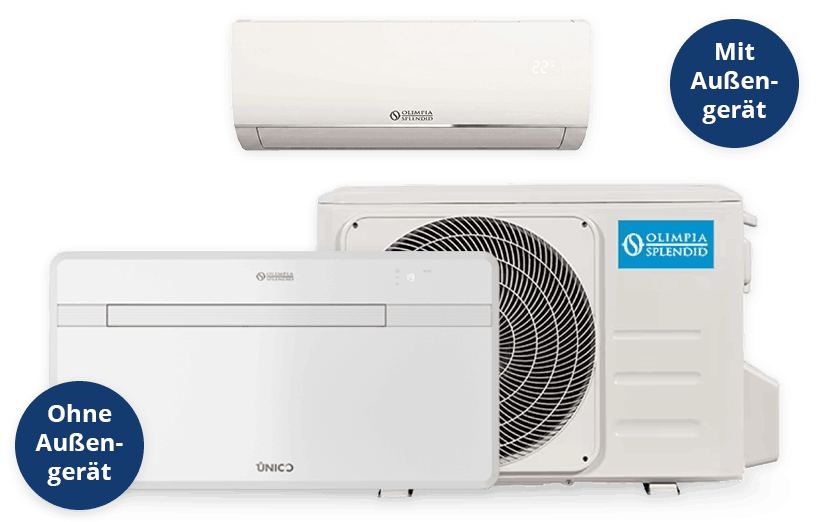 Auf dem Bild ist eine Klimaanlage ohne Außengerät und eine Splitklimaanlage mit Innen und Außengerät.